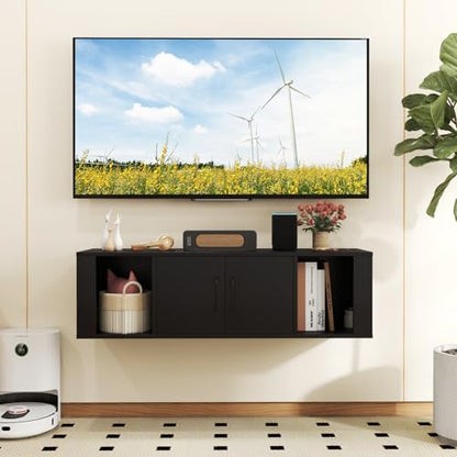 GOFLAME Floating TV Stand, Wall Mounted TV Console Table with Doors, Entertainment Media Center Under TV, Modern TV Cabinet for Living Room, Bedroom, Office, Black - color: Black