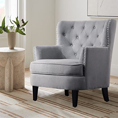 Rosevara Atlas Mid-Century Modern Upholstered Lounge Arm Chair - Tufted Accent Chair with Soft Cushion for Small Spaces - color: Velvet Dove Gray