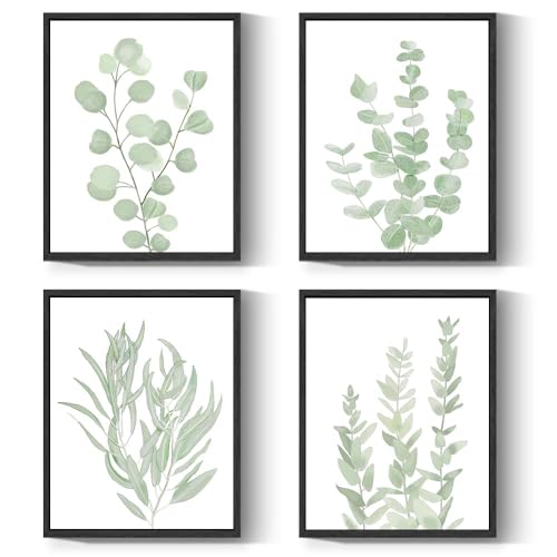 Drsoum Framed Botanical Plant Canvas Wood Wall Art Light Green Sage Wall Decor Eucalyptus Leaf Picture for Home 8”x 10” x 4pcs Black Framed - color: Botanical Wall Art, Black Frames, size: 8''x 10''x 4pcs