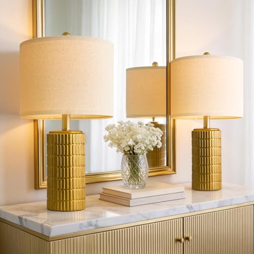 PoKat 20.75" Brass Gold Ceramic Table Lamps Set of 2 for Living Room, Small Retro Bedside Lamps for Bedroom, Nightstand Lamps for Home Decor, Vintage Bronze Decorative Lamp Sideboard Side Table Gifts - color: Brass Gold