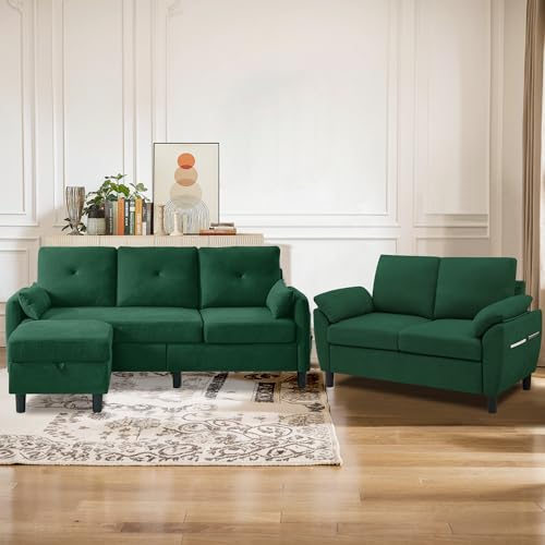 2 PCS Sectional Sofa Set, 3 Seater Convertible Sofa and Loveseat, L Shaped Couch with Storage Ottoman and Side Pockets, Modern Couch for Living Room, Office, Apartment, Green - color: Green, size: sofa+loveseat