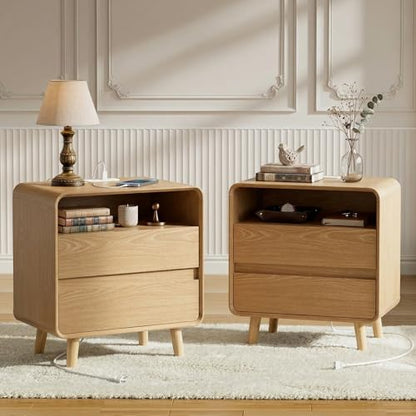 Nasonet Modern Nightstands Set of 2 with Charging Station, Wood End Table Bedroom Nightstands with Drawers, Wide Curved Bedside Table Set 2 for Bedroom, Living Room, Oak - color: Oak, size: 2 Drawers