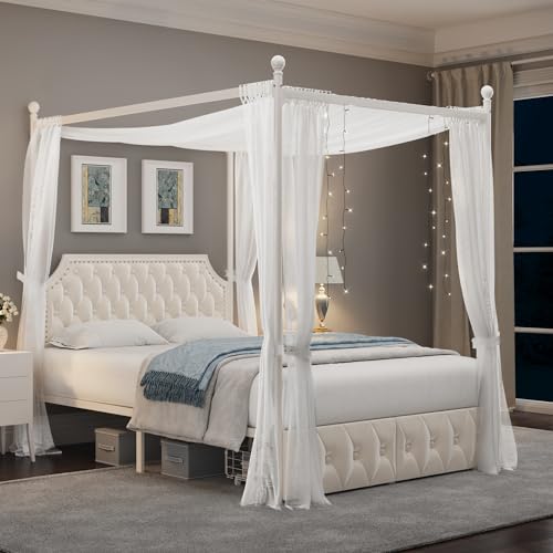 Queen Upholstered Canopy Bed Frame with 2 Storage Drawers & Button Tufted Headboard, Metal Platform Bed with 4 Removable Posts, Two-Purpose Velvet Bed, Beige/Curtain Not Included - color: Beige, size: Queen