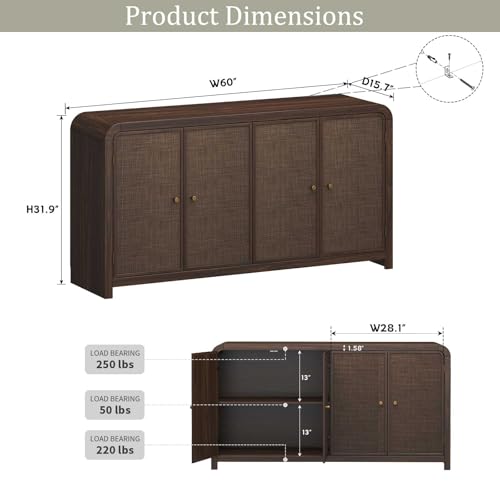 Oak&Sparrow Oak Rattan Sideboard Buffet Cabinet, 60'', 4 Doors | Boho Style, Adjustable Shelves, With Storage, For Living Room, Hallway & Kitchen - color: Dark Walnut