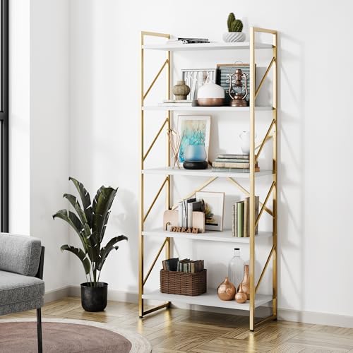 Shintenchi 5 Tiers Bookshelf, Classically Tall Bookcase Shelf,Industrial Book Rack,Modern Book Holder in Bedroom/Living Room/Home/Office, Storage Rack Shelves for Books/Movies,Gold - color: Gold
