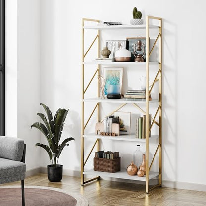 Shintenchi 5 Tiers Bookshelf, Classically Tall Bookcase Shelf,Industrial Book Rack,Modern Book Holder in Bedroom/Living Room/Home/Office, Storage Rack Shelves for Books/Movies,Gold - color: Gold