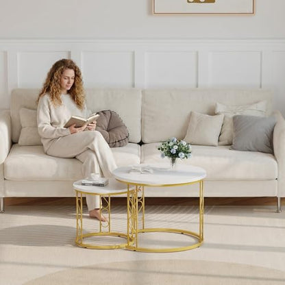 Coffee Table Faux Marble Nesting Table for Small Place 2 Sets Modern Furniture Living Room Sets End Side Table Night Stand for Bed Room Dining Room (White & Gold) - color: White and Gold