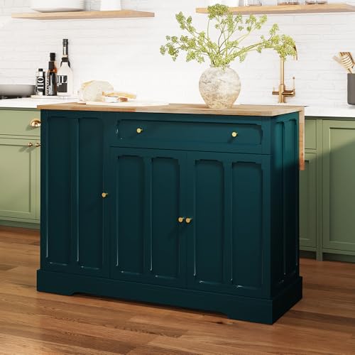 HLR Kitchen Island with Drop Leaf & Storage, Solid Rubber Wood Top Rolling Kitchen Cart with Carved Recessed Panel Doors, Large Mobile Island Table on Wheels for Kitchen, Dining Room (Green) - color: Green
