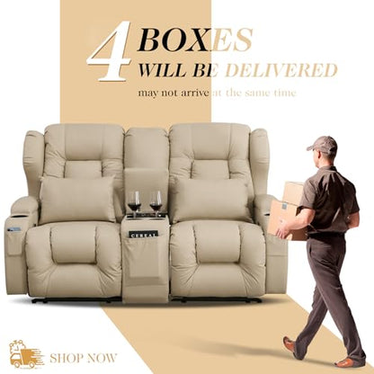 Loveseat Recliner Sofa,RV Wall Hugger Recliners with Console,Reclining Loveseat Sofa Recliner with Cup Holders/Lumbar Pillows for Small Spaces,RV Furniture (Beige,66" 2-Seater) - color: Beige, size: 66" 2-Seater