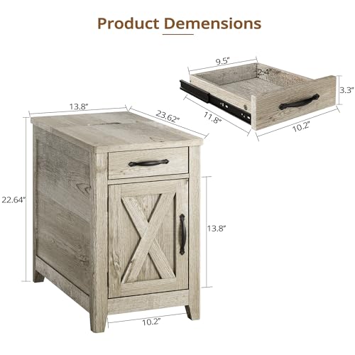 IRONCK End Table with Charging Station, Narrow Side Table, Beige Maple | Bedside table. Farmhouse nightstand with drawer, cabinet, flip-top, and cup holder, wood grain, for home - color: Beige Maple