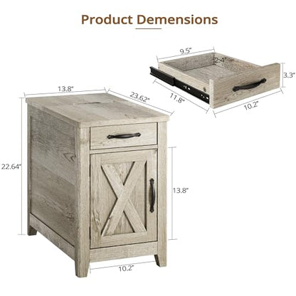 IRONCK End Table with Charging Station, Narrow Side Table, Beige Maple | Bedside table. Farmhouse nightstand with drawer, cabinet, flip-top, and cup holder, wood grain, for home - color: Beige Maple
