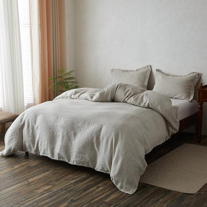 Simple&Opulence 100% Washed Linen Duvet Cover Set 78"x86" - 3 Pieces Soft Farmhouse Comforter Set Double Embroidered with Button Closure - 1 Duvet Cover and 2 Pillowshams (Linen, Full) - color: 2 Embroidery Linen, size: Full