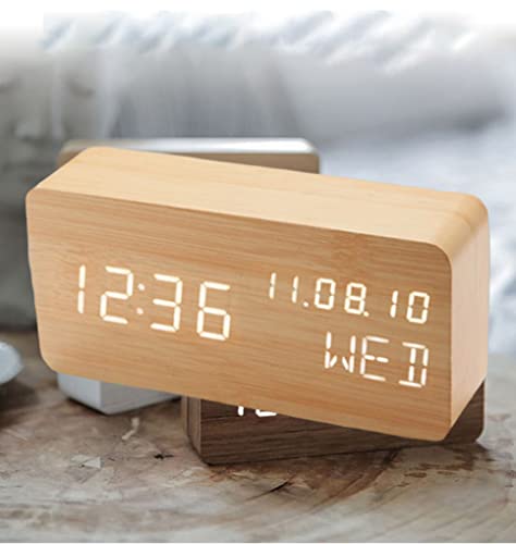Wood Digital Alarm Clock Desk Time, Date(MM/DD/YY), Day of The Week, Temperature, Nightlight Large LED Display Portable Lamp Bedroom, Office, School, Home, Livingroom, Room (Bamboo) - color: Bamboo