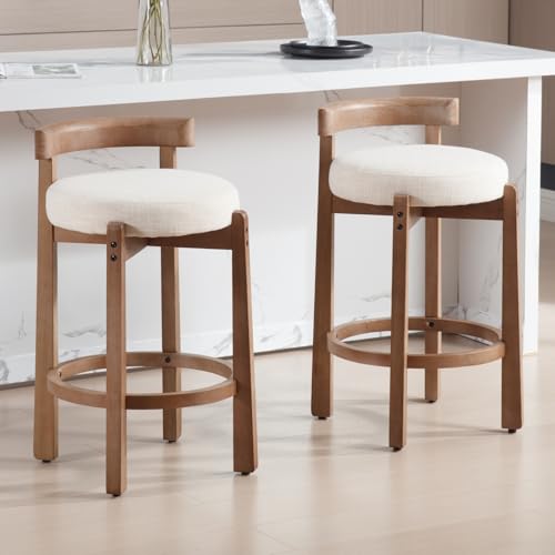 HEAH-YO Bar Stools Set of 2, 26" Linen Fabric Upholstered Counter Height Bar Stools, Modern Barstools Counter Stools with Wood Legs for Kitchen Island Dining Room Bar, Beige - color: 26.5" Beige Linen, size: Counter Height - Set of 2
