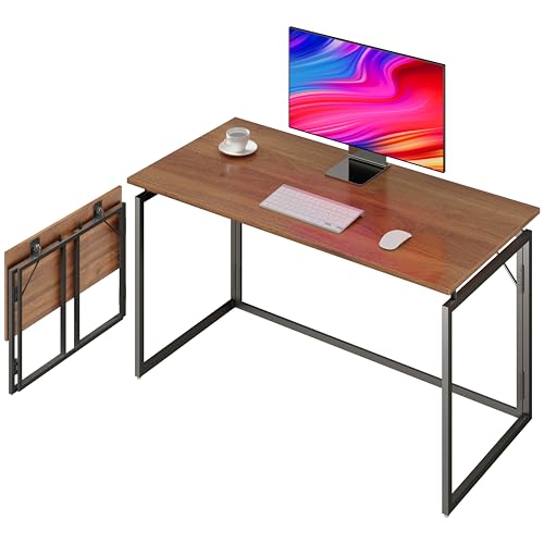 31.5" Folding Desk: No Assembly, Wood Top for Small Spaces | Home office desk, holds 150 lbs, folds flat to 2.3 in, splash-proof wood top, sturdy metal frame - color: Brown, size: 31.5"W x 15.7"D