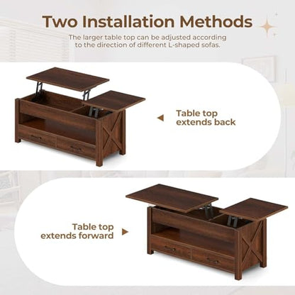Multifunctional Lift Top Coffee Table, Convertible Wooden Coffee Table with 2 Drawers & Hidden Compartment, Storage Center Table for Living Room Home Office,Walnut Brown - color: Walnut Brown - 47.2 Inch