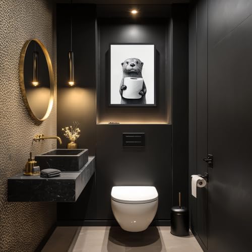 IAFWZX Wood Framed Black White Funny Otter Bathroom Wall Art 12x16 in | Otter Holding Toilet Paper Wall Art, Playful Whimsical Animal Art Print, Humor Otter Gift for Restroom and Powder Room - color: BathroomOtter(Wood), size: 16"L x 12"W