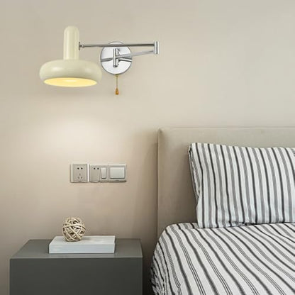 Wrought Iron Swing Arm Wall Sconce Mid Century Modern Wall Light with Pull Chain Switch 180 Degree Adjustable Bedside Reading Lamp for Bedroom Study E26 Base(Green) - color: Green
