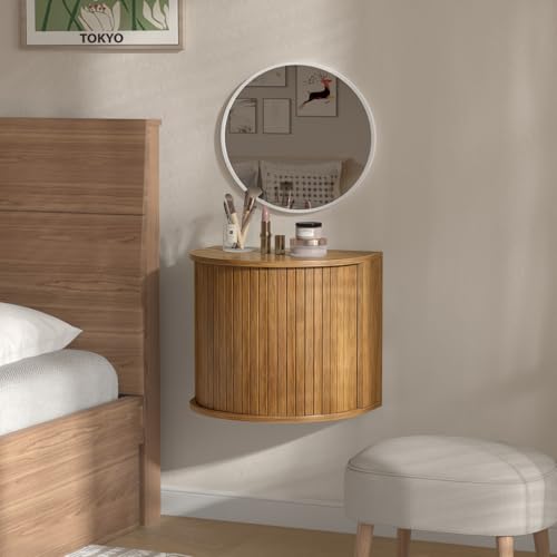 Floating Nightstand Set of 2,Wooden Wall-Mounted Nightstand with Fluted Sliding Roll-Up Door,Space-Saving,Suitable for Small Space Bedroom,Living Room - color: Walnut-floating Nightstand Set of 2