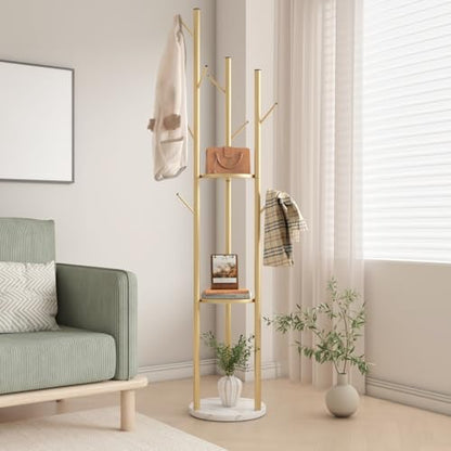 TIEOU Metal Coat Rack, Gold Coat Racks Freestanding with Shelves and Marble Base, Coat Tree with 9 Hooks for Scarves, Bags, Modern Coat Rack Stand for Entryway, Living Room, Bedroom, Easy Assembly - color: CK-Three-gold