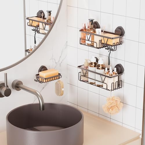 KEGII Shower Caddy Suction Cup 3 Pack, Bathroom Organizer Shelf, Bronze | Removable Rustproof Stainless Steel Rack with Soap Holder and Hooks, No Drill Shower Storage for Shampoo and Bathroom Items