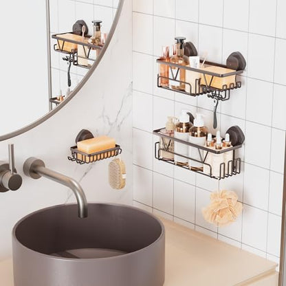 KEGII Shower Caddy Suction Cup 3 Pack, Bathroom Organizer Shelf, Bronze | Removable Rustproof Stainless Steel Rack with Soap Holder and Hooks, No Drill Shower Storage for Shampoo and Bathroom Items