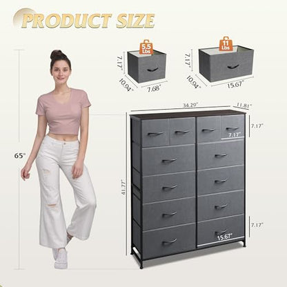 WLIVE 12 Drawer Tall Fabric Dresser Bedroom Storage Chest, Dark Grey | 12-drawer tall fabric dresser with wood top and steel frame, P2 grade board, ideal for bedroom closet living room storage - color: Dark Grey
