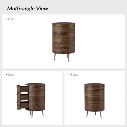HULALA HOME Round End Table with 3 Storage Drawers, Mid Century Modern Sofa Side Table with Metal Legs, Farmhouse Wood Small Side Table for Living Room, Bedroom and Small Spaces, Walnut - color: Walnut
