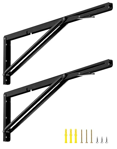 QWORK 24" Heavy Duty Folding Shelf Brackets for Wall Mounted Folding Tables Benches Shelves, Max Load 330lbs, 2 Pack Iron Bracket with Black Finish