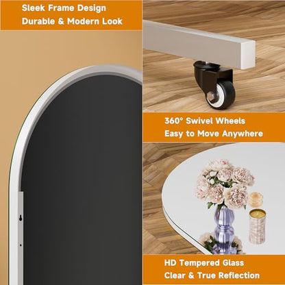 Hasipu 79" x 32" Arched Full Length Mirror on Wheels | HD tempered glass, sturdy aluminum frame, 4 smooth casters with locks, ideal for yoga, dance studio & home gym. - size: 79"L x 32"W