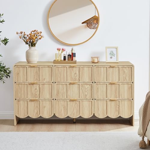 9 Drawer Dresser for Bedroom, Modern Closet Chest of Drawers with Wave Fluted Drawer, Wood Storage Small Dresser Organizer for Nursery Bedroom Living Room Hallway Closet (Natural) - color: Natural Scallop 9 Drawer