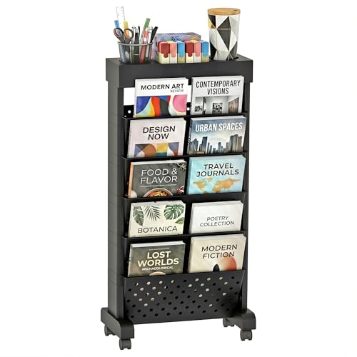 6-Tier Rolling Bookshelf Magazine Rack with Wheels Black | Mobile Bookcase, Book Storage File Folder Organizer Cart for Home Study Office Living Room Classroom - color: Black, size: 6-Tier 30.5"H