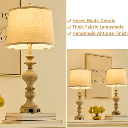 SAIWEYA 27.5" Farmhouse Table Lamps Set of 2, 3 Way Dimmable Touch Lamps | Touch Control, Dimmable, USB C+A Ports & AC Outlet, Bulbs Included, Bedside Nightstand Lamp for Living Room, Bedroom - color: Gray
