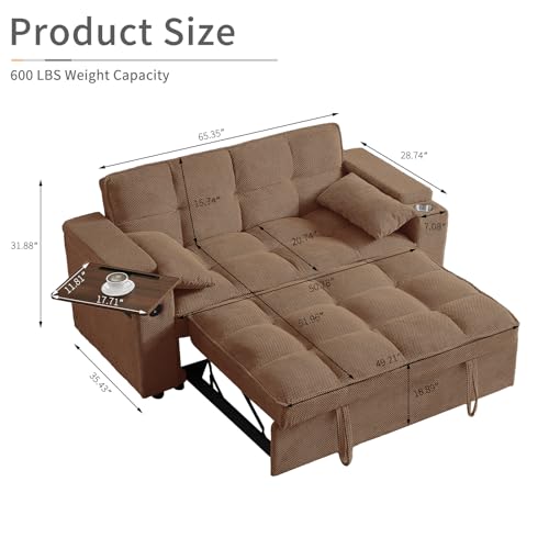 65'' 3-in-1 Folding Convertible Sofa Bed, Queen Size Pullout Sofa, Modern Chenille Fabric, 360° Swivel Side Table, Easy Assembly, Perfect for Living Room - color: Brown-a