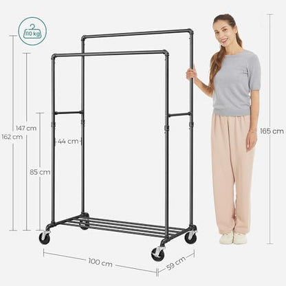 SONGMICS Heavy-Duty Clothes Rack, Double-Rod Clothing Rack for Hanging Clothes, Industrial Garment Rack on Wheels, Metal Frame, 2 Casters with Brakes, Commercial Display, Black UHSR60B | Industrial Garment Rack for Hanging Clothes, 2 Casters with Brakes,