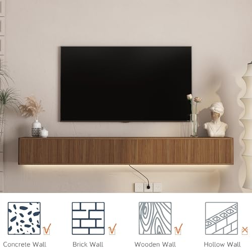 KEIKI 78.7" Floating TV Stand Wall Mounted with 16 Color LEDs & Power Outlets for TVs Up to 70 Inch, Wooden Media Console Entertainment Center Television Table Cabinet for Living Room, Bedroom