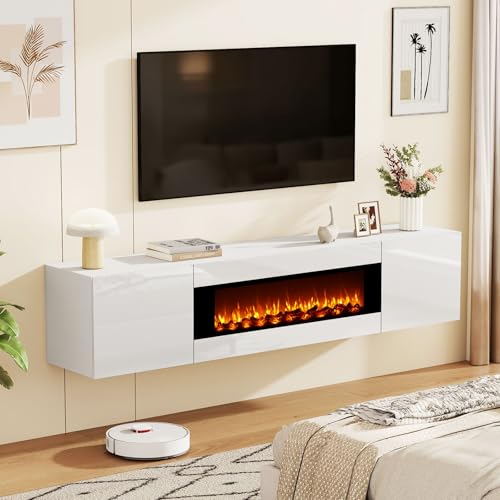 70" Wall Mounted Floating TV Stand with 36" Electric Fireplace, High Gloss Floating Entertainment Center TV Shelf for TVs Up to 80", White Fireplace Media Console Table Floating TV Cabinet Living Room - color: White, size: 70"-with fireplace
