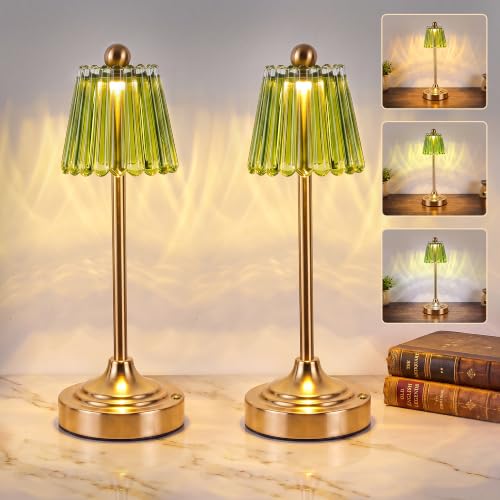 Set of 2 Small Vintage Cordless Table Lamp, Green Glass Shade, 3 Color Dimming,Touch Accent Lamp for Bedroom, Nightstand, Living Room, Kitchen(Green) - color: Green, size: 2 Pack