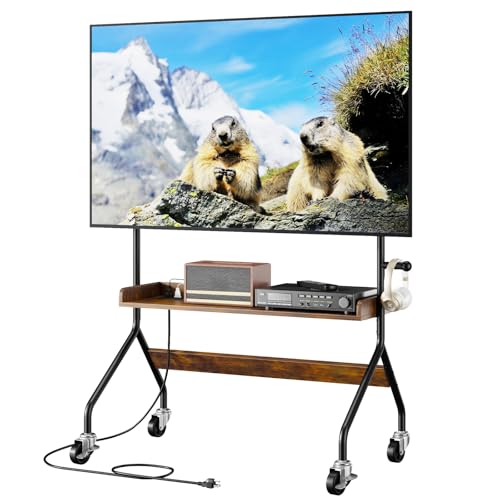 Rolling TV Stand with Power Outlet for 32-75 Inch TV - V1 | Mobile TV Cart, Load Bearing 110Lbs TV, Easel Portable TV Stand on Wheels with Shelf for Bedroom, Corner, Living Room