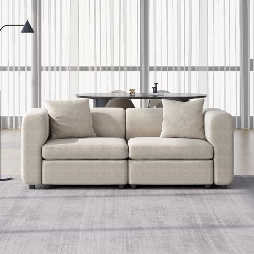 Velvet Loveseat Sofa, Modern Modular Sofa with 2 Pillows, 2-Seat Sofa Sectional Couch with Extra Deep Seats for Living Room, Apartment, Office, Small Space, Beige (No Ottoman), 76.38" L - size: 2 Seat Sofa (No Ottoman)