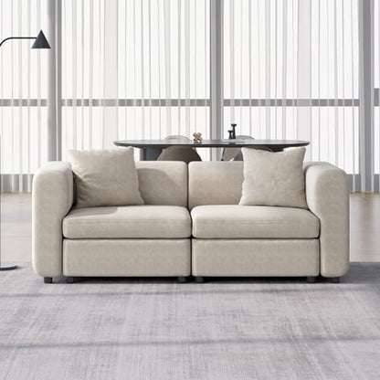 Velvet Loveseat Sofa, Modern Modular Sofa with 2 Pillows, 2-Seat Sofa Sectional Couch with Extra Deep Seats for Living Room, Apartment, Office, Small Space, Beige (No Ottoman), 76.38" L - size: 2 Seat Sofa (No Ottoman)