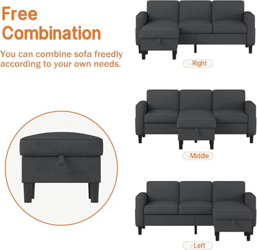 L Shaped Couch for Living Room 3 Seater Sofa with Storage Movable Ottoman | 78"Modern Linen Grey Couches 3 Seats Sofas with Chaise for Studio Apartment Office Basement Small Space, Easy Assembly - color: Dark Grey-linen
