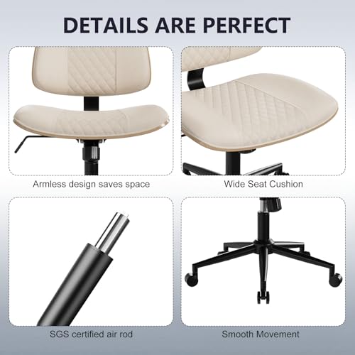 Modern Armless Office Chair with Wheels, Wide Seat Walnut, Beige | Adjustable Swivel Desk Chair with Mid Back & Tilt Function, Faux PU Leather Mid Century Modern Task Office Chair, 300LBS Cap - color: Beige, size: MCM Style Wide Seat