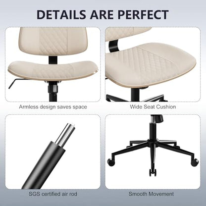 Modern Armless Office Chair with Wheels, Wide Seat Walnut, Beige | Adjustable Swivel Desk Chair with Mid Back & Tilt Function, Faux PU Leather Mid Century Modern Task Office Chair, 300LBS Cap - color: Beige, size: MCM Style Wide Seat