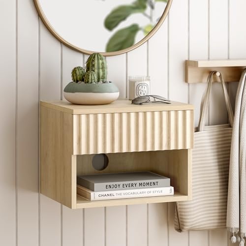 Small Floating Nightstand with Drawer, Modern Night Stand with Fluted Door and Open Storage Shelf Wall Mounted Bedside Table for Bedroom, Entryway Light Oak - color: Light Oak, size: 1 PC