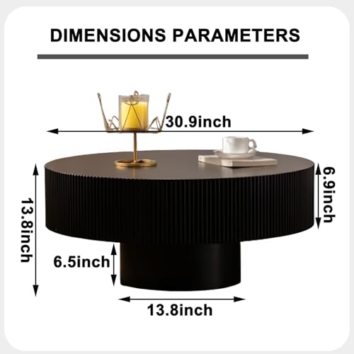 Round Fluted Drum Coffee Table with Pedestal Base | 30.9'' Modern Black Wooden Drum Center Table, Handcrafted Wood Fluted Edge, For Living Room & Apartment - color: Black Thick