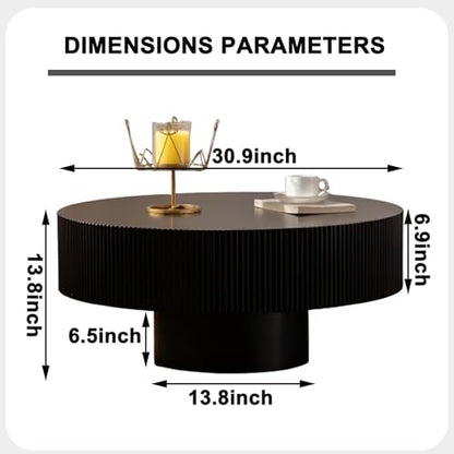 Round Fluted Drum Coffee Table with Pedestal Base | 30.9'' Modern Black Wooden Drum Center Table, Handcrafted Wood Fluted Edge, For Living Room & Apartment - color: Black Thick