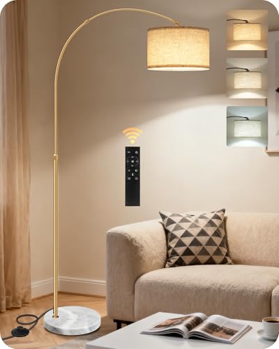 75" Arc Floor Lamp with Marble Base and Adjustable Height, Rotating Hanging Shade, Dimmable Gold Floor Lamp for Living Room with Remote and Foot Switch, 3 Color Temperatures, Timer, DE15LD05 - color: Gold + Beige