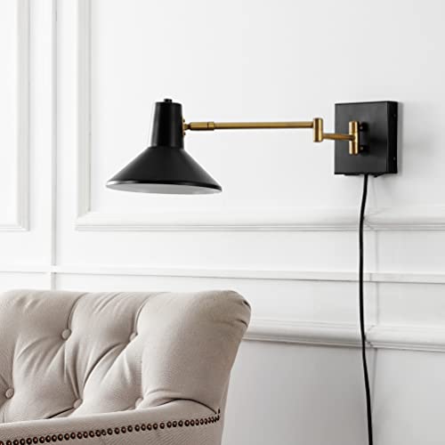 JONATHAN Y Hygge 1-Light Modern Swing Arm USB Sconce 8", Black/Brass Gold | Metal Construction, Plug-In Midcentury Bedside Wall Lamp, Cone Shade, Adjustable Head, LED Bulb Included - color: Black/Brass Gold