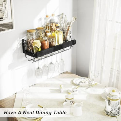 Love-KANKEI Wine Rack with Stemware Hanger,Solid Wood/Bracket,17inch,Black | Wine Glass Rack,Floating Wall Shelf,Easy to Install,40 Lbs/shelf,For Kitchen,Dinning Room,Home Bar,Living Room,Elegant Design - color: Pitch Black